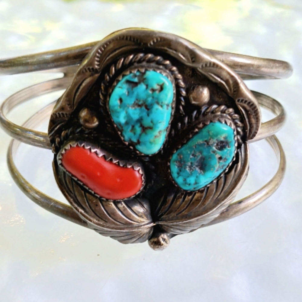 Native American Nugget Turquoise Coral Feather Framed Sterling Cuff Bracelet